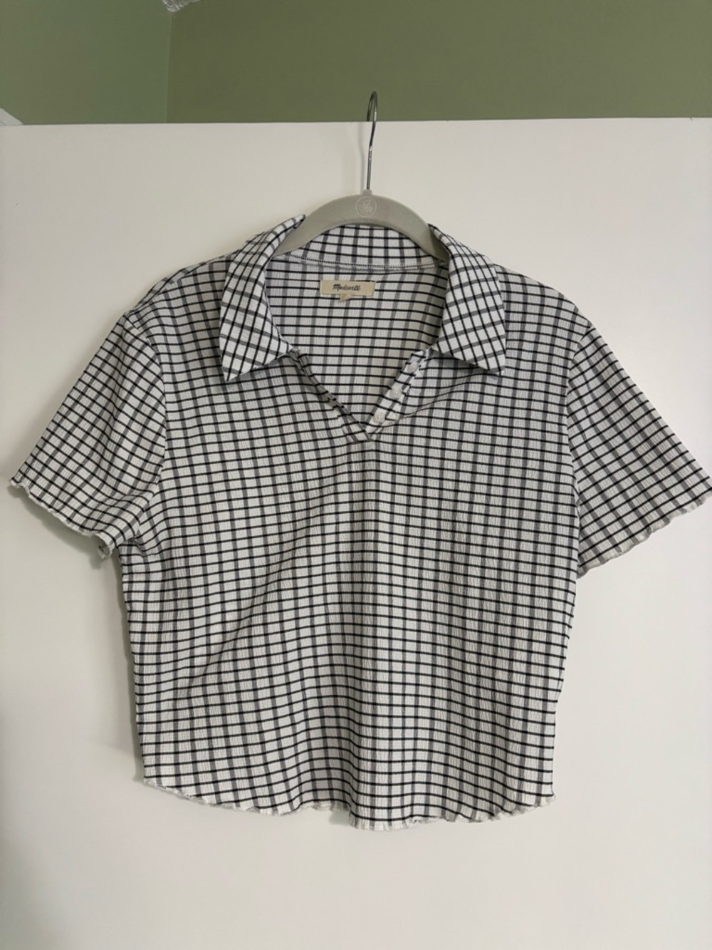 Madewell Windowpane Plaid Crinkle Polo Crop Tee - Picture 4 of 9